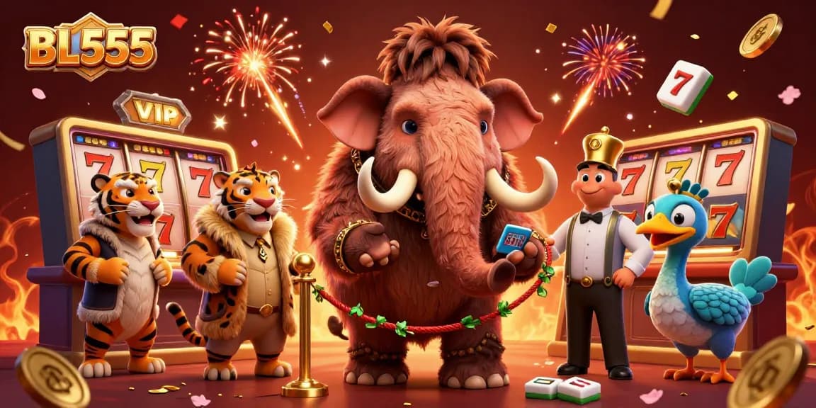 Experience the excitement of BL555 with a vibrant casino scene featuring a woolly mammoth bouncer and slots.