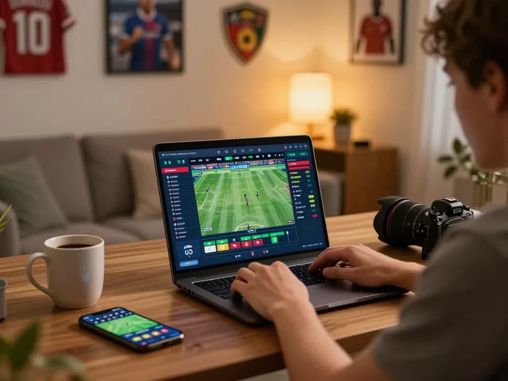Engaged user utilizing 789WIN sports betting platform on laptop in cozy setting.