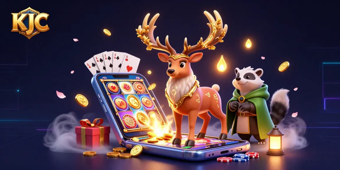 KJC offers an exciting casino experience with a vibrant scene featuring cartoon characters and slot games.
