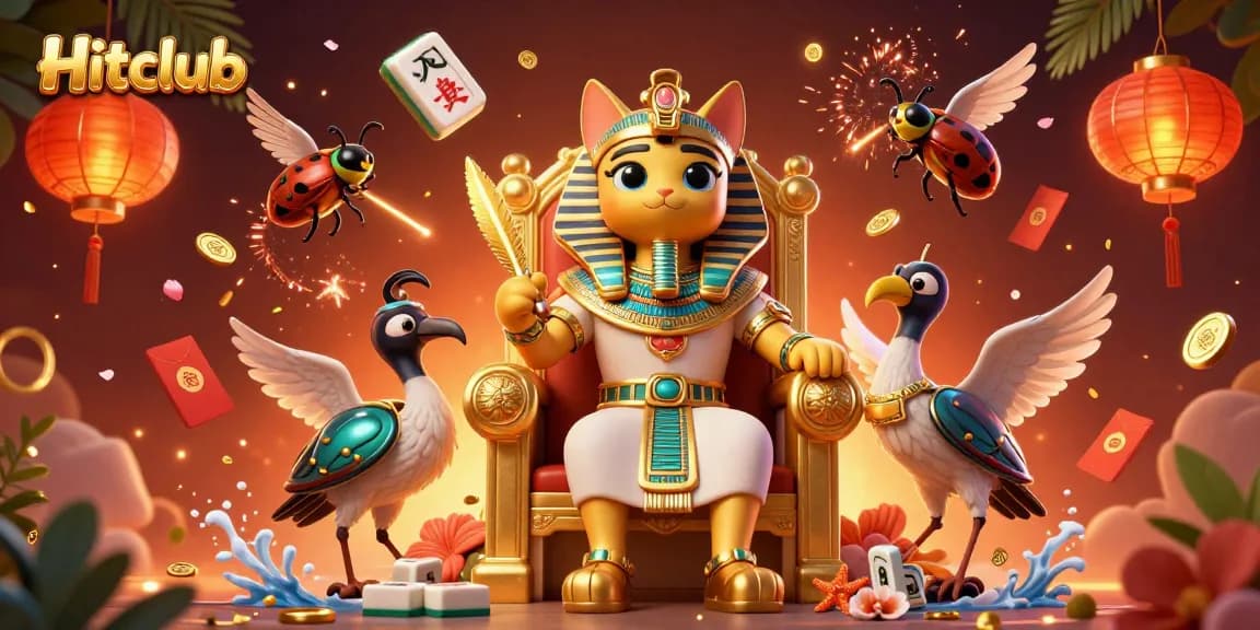 Hitclub offers an exciting scene with Egyptian-themed casino elements and characters celebrating gaming.