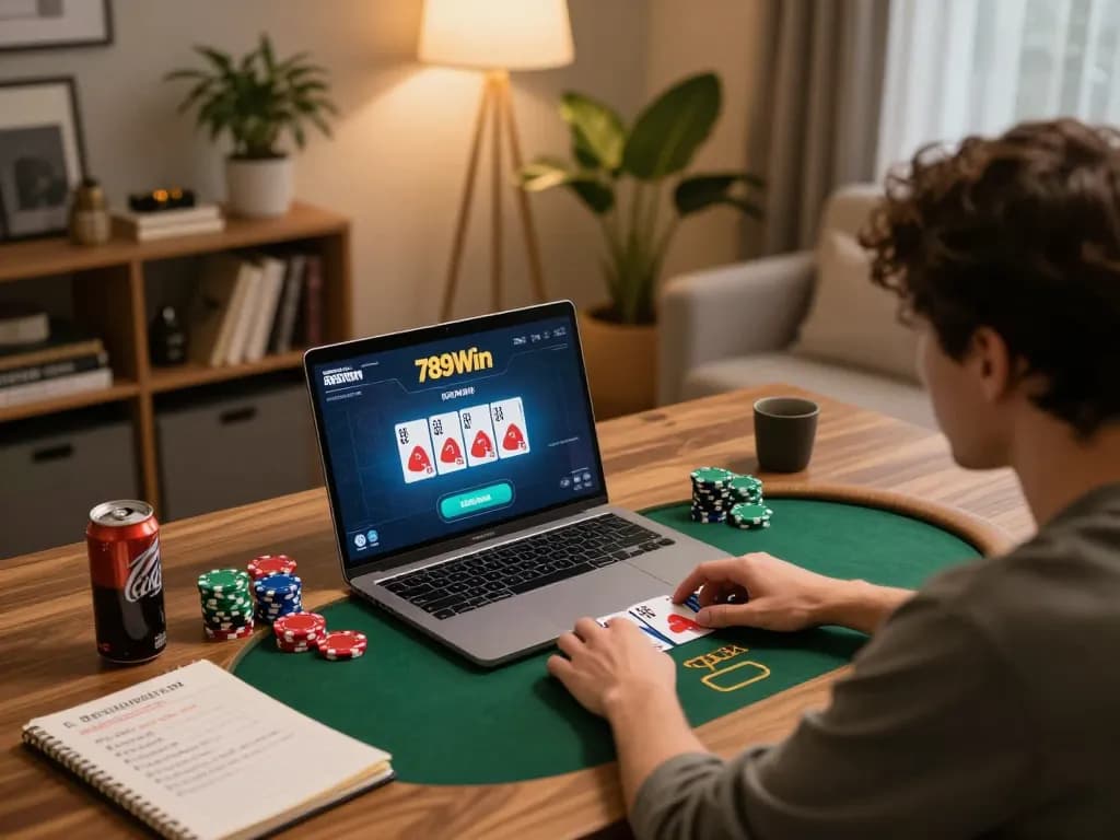 Engaging in competitive poker gameplay on 789Win with vibrant community cards and chips.