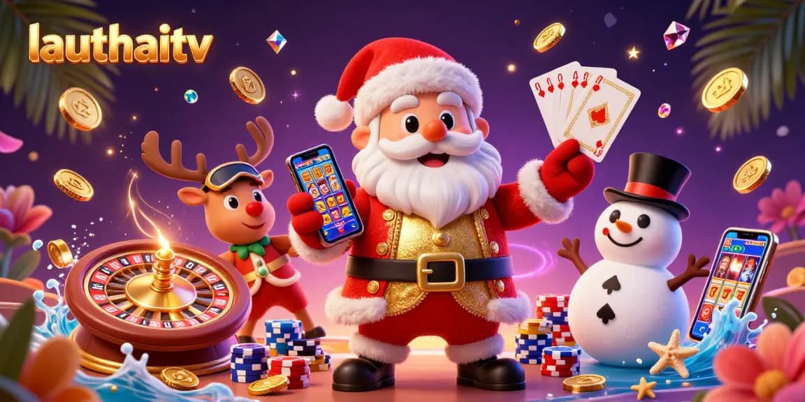 Win big with lauthaitv in this vibrant casino scene featuring Santa, a reindeer dealer, and a poker snowman.