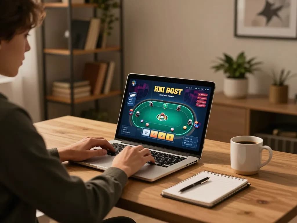 Bermain poker online di platform idn789 di kantor modern, menampilkan permainan strategis.