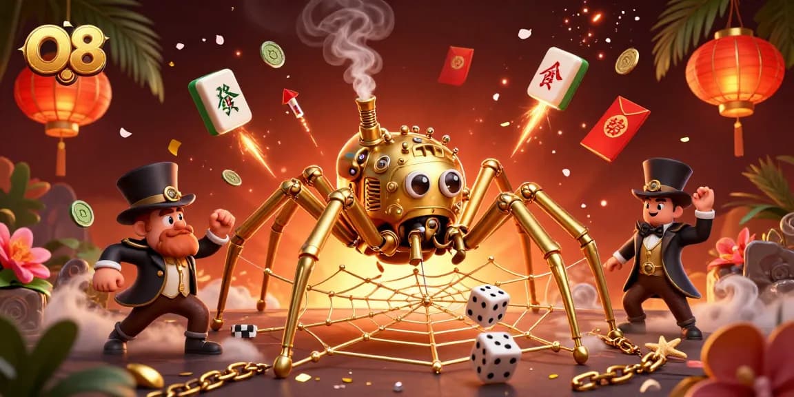 Engage in thrilling gameplay at O8's casino, featuring a vibrant steampunk spider and lucky charms.