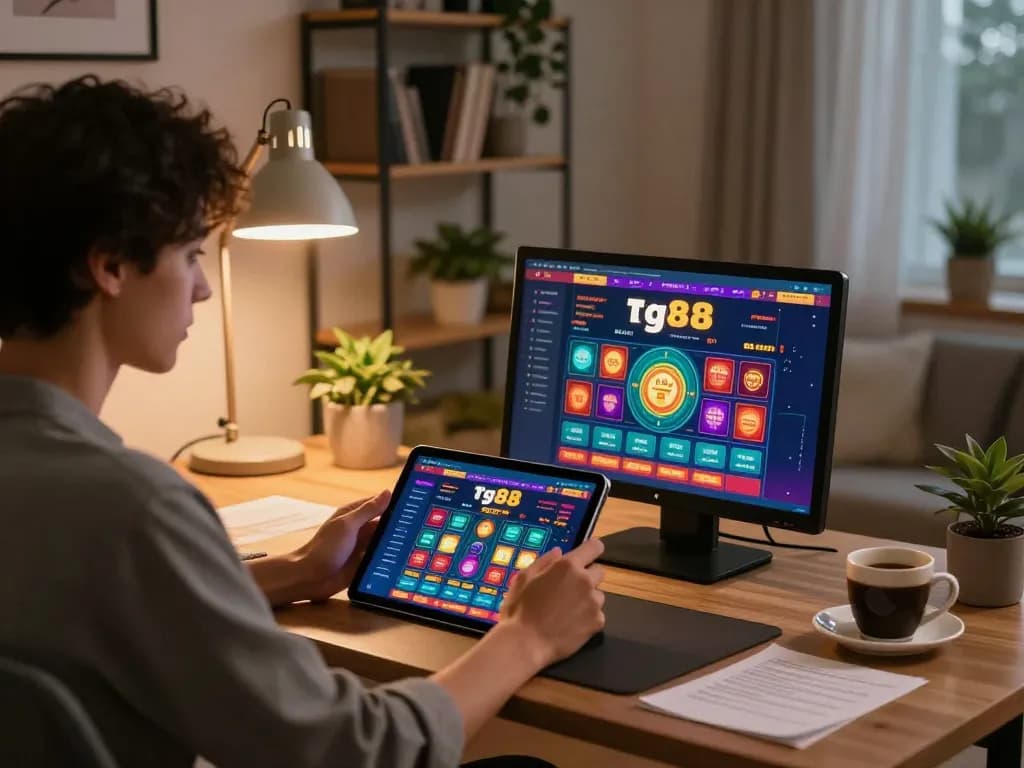 Player engaging with tg88 tablet casino interface while enjoying a cozy home atmosphere.