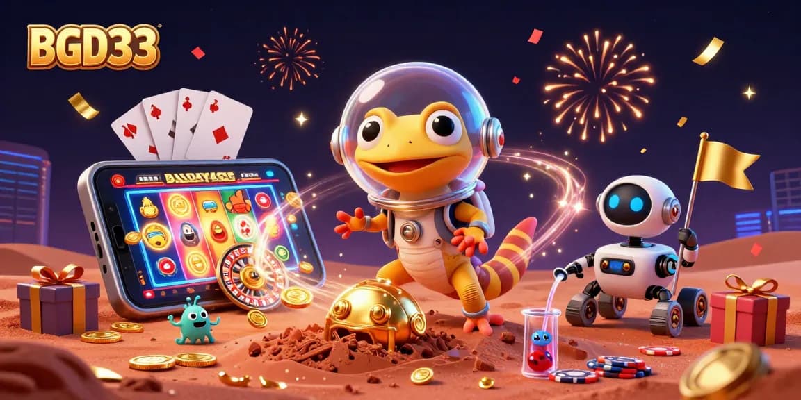 BGD33 Martian gecko uncovers a golden casino with exciting slot games and festive elements.