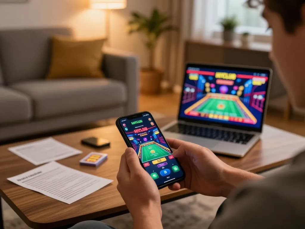 Engaging with Hitclub mobile app in a cozy living room environment, illustrating online gambling excitement