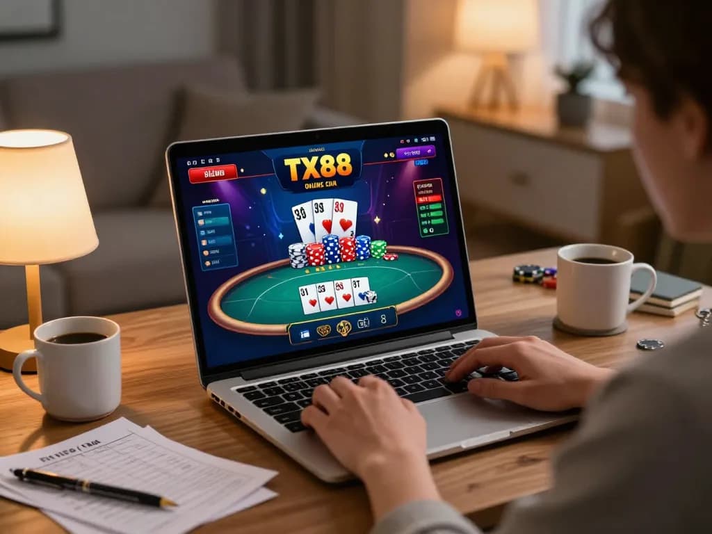 Player engaging with nhà cái TX88 on a laptop, showcasing thrilling online casino gameplay.