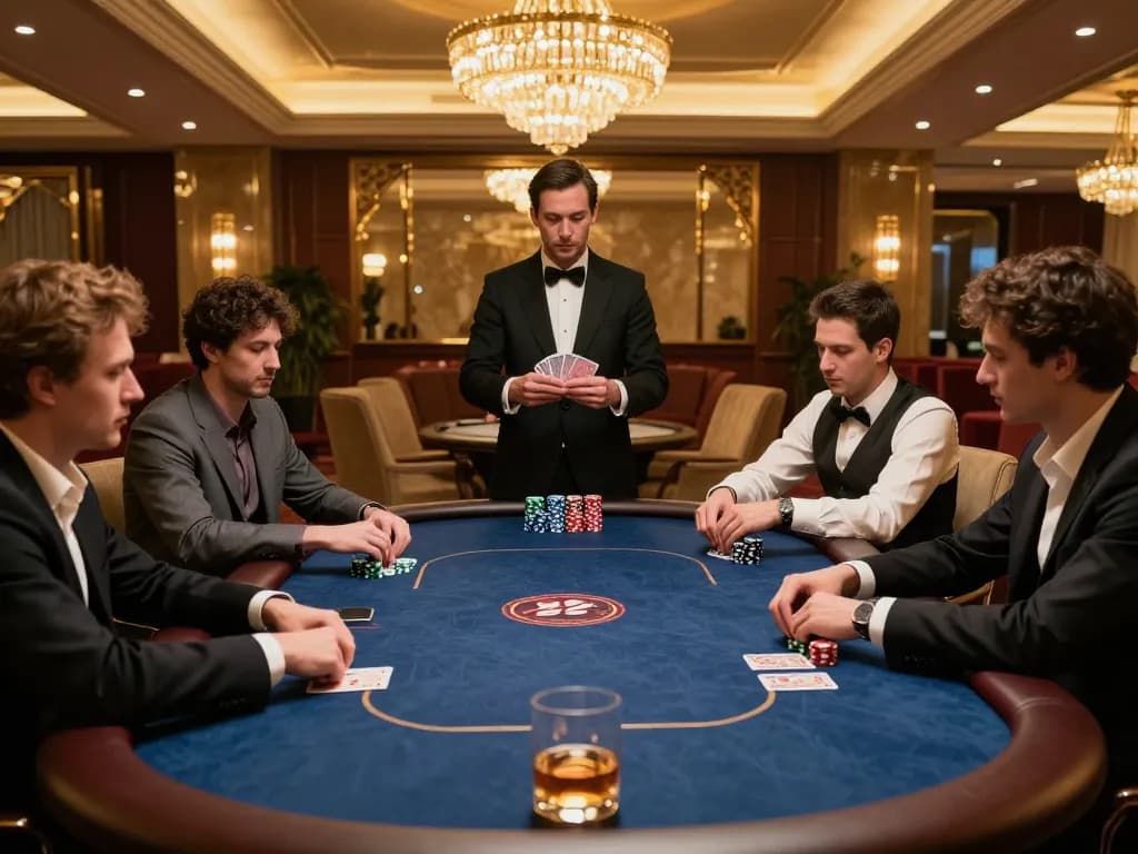 Players strategizing during a high-stakes poker game at 32win's luxurious casino lounge.