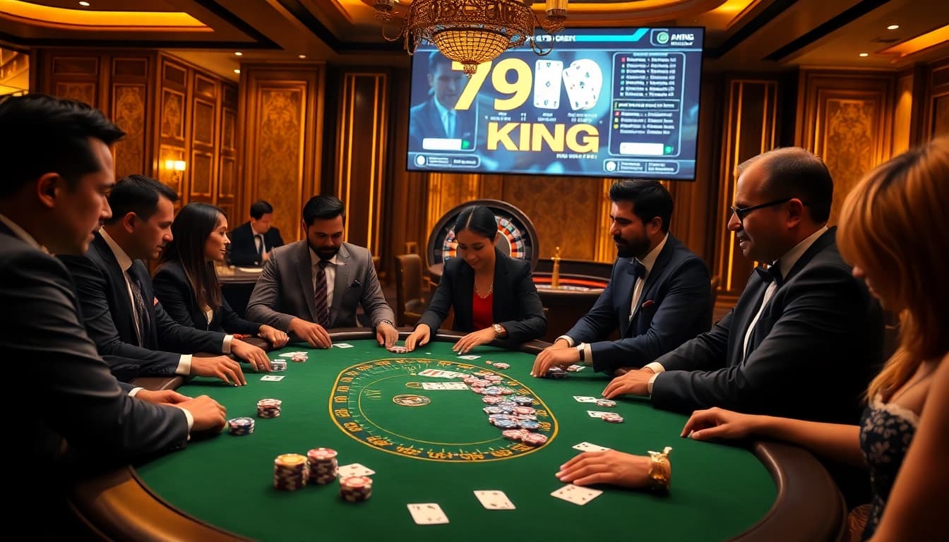 Intense poker game at 79KING casino table with players, chips, and cards