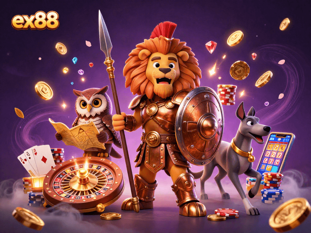Experience excitement with ex88 featuring a Spartan lion, tactical owl, and swift greyhound amidst casino elements.