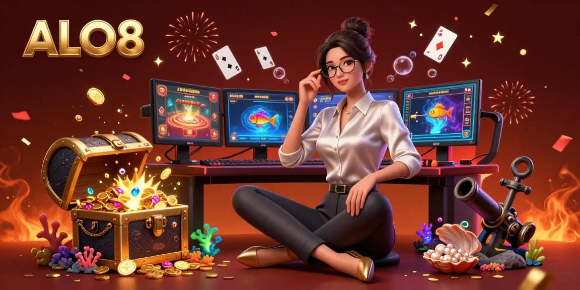 Experience ALO8's vibrant gaming atmosphere with golden coins and casino elements exploding around.