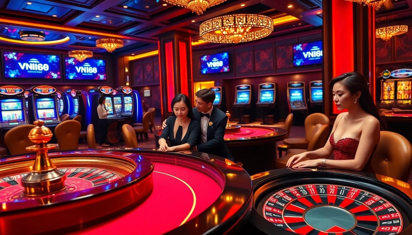 Engage in thrilling gameplay at VN168 casino with poker chips and roulette.