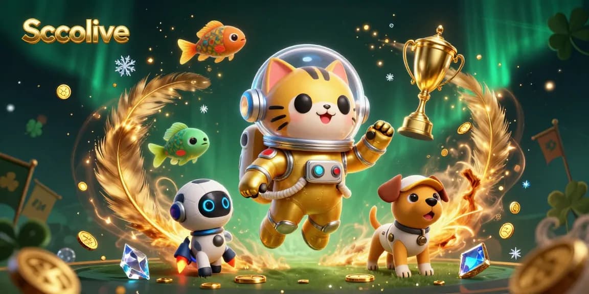 Socolive sports betting scene featuring an astronaut cat and a robot dog amidst footballs and gold coins.