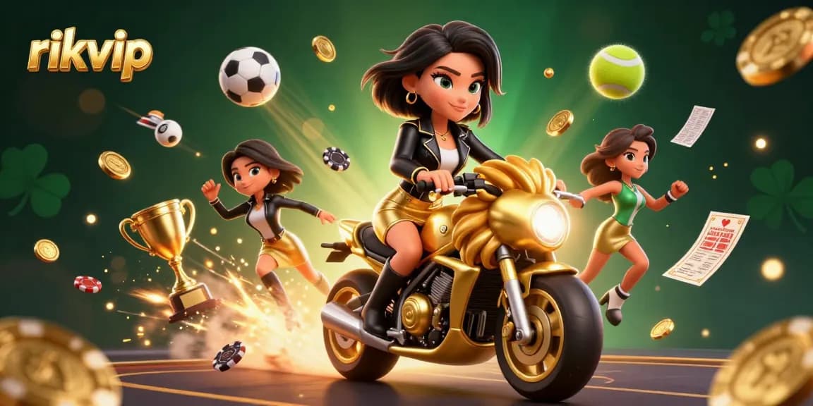 Engaging illustration of rikvip showcasing an Asian woman on a golden lion mascot, surrounded by dynamic sports elements.