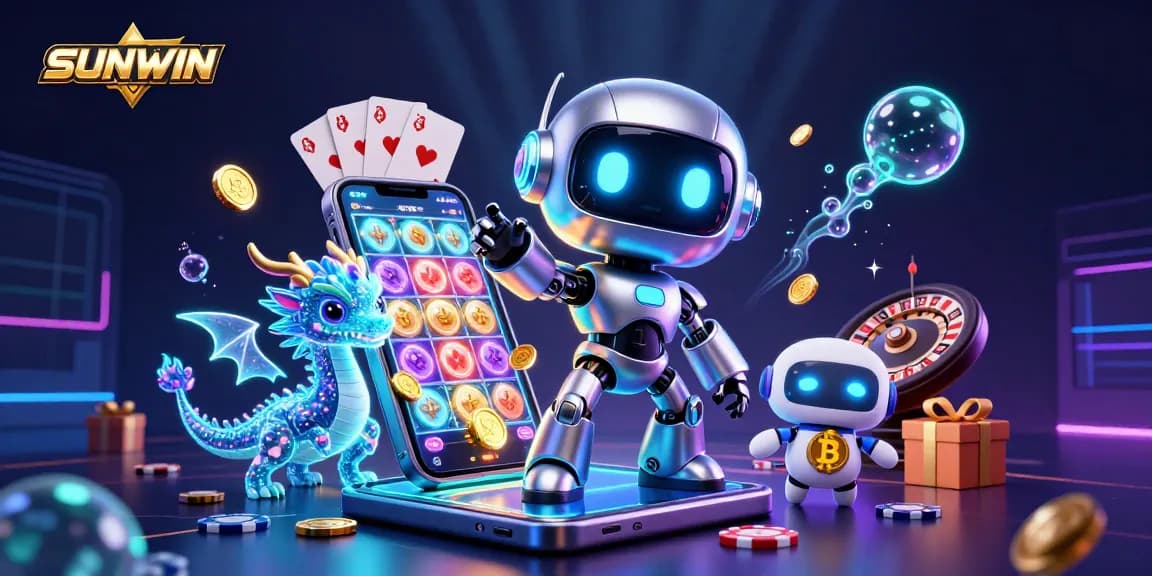 SUNWIN showcases a thrilling 3D scene with a cyberpunk mascot, holographic companions, and dynamic casino elements.