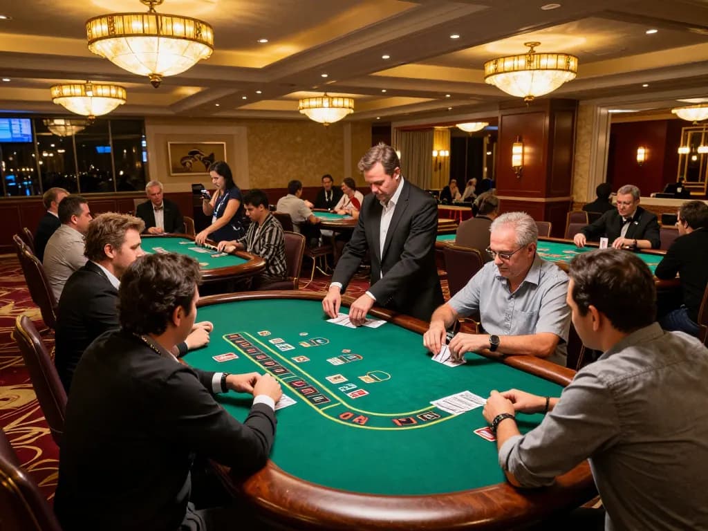 Players engaging in a strategic game of blackjack at VB88 casino tables, showcasing energy and excitement.
