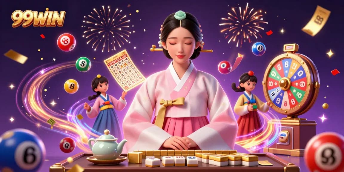 Experience 99WIN's thrilling dynamic gaming scene with vibrant lottery elements and magical energy.