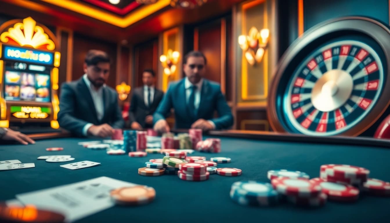Experience thrilling gaming action at nohu90 with vibrant casino tables and colorful poker chips.