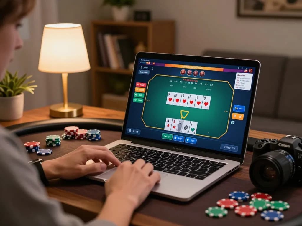 Engaging scene with MM88 user playing poker online, showcasing responsible betting and strategic gameplay.