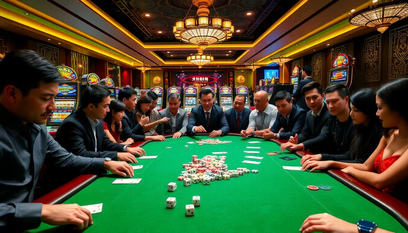 Tài xỉu MD5 players engaged in an exciting game at a vibrant casino table.