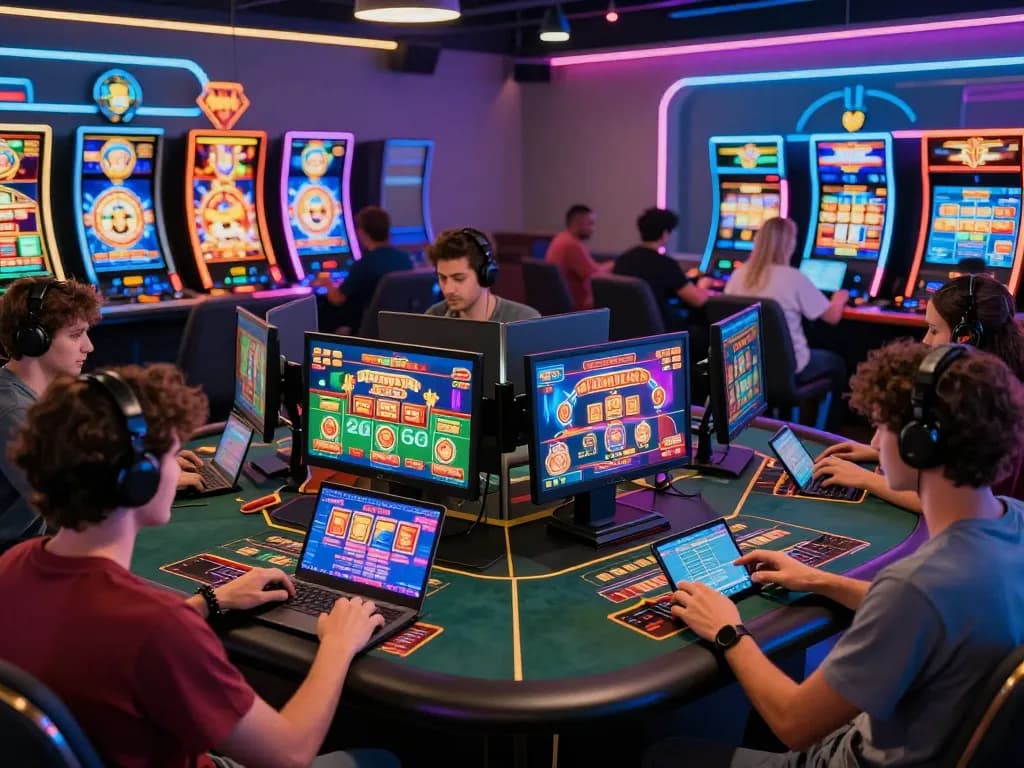 Exciting gaming atmosphere showing players tải game b52club on mobile and laptops in a vibrant digital casino.
