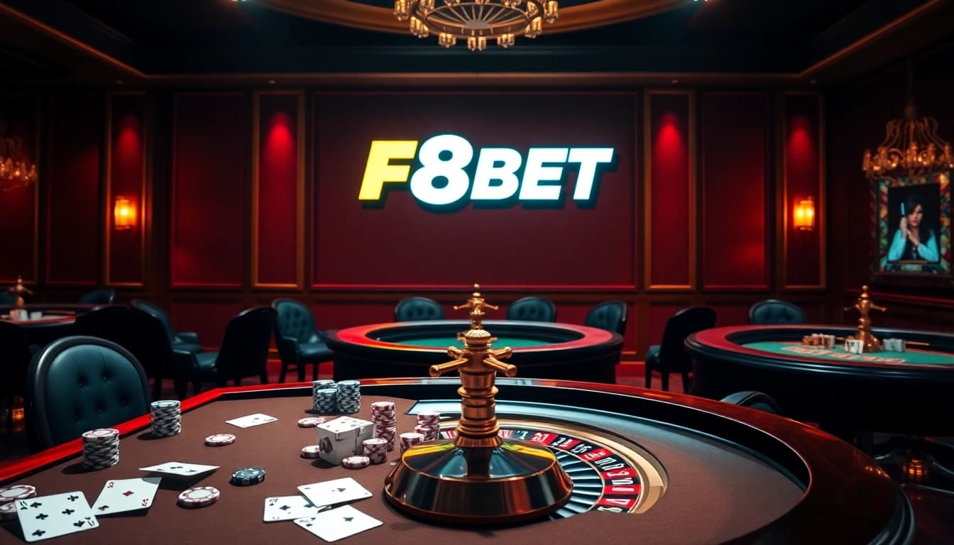 Experience the excitement of F8BET with a luxurious casino environment showcasing tables, chips, and digital interfaces.