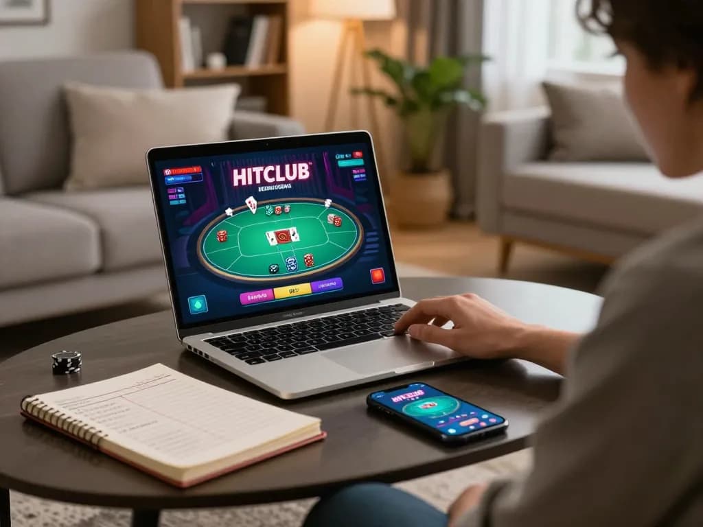 Engaged player enjoying HITCLUB on a laptop, showcasing strategic gameplay in a cozy setting.