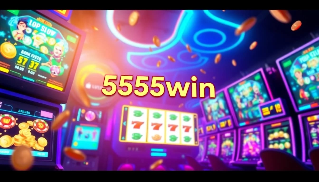 Experience the excitement of gaming with 555win's captivating digital interface and vibrant slot machine graphics.