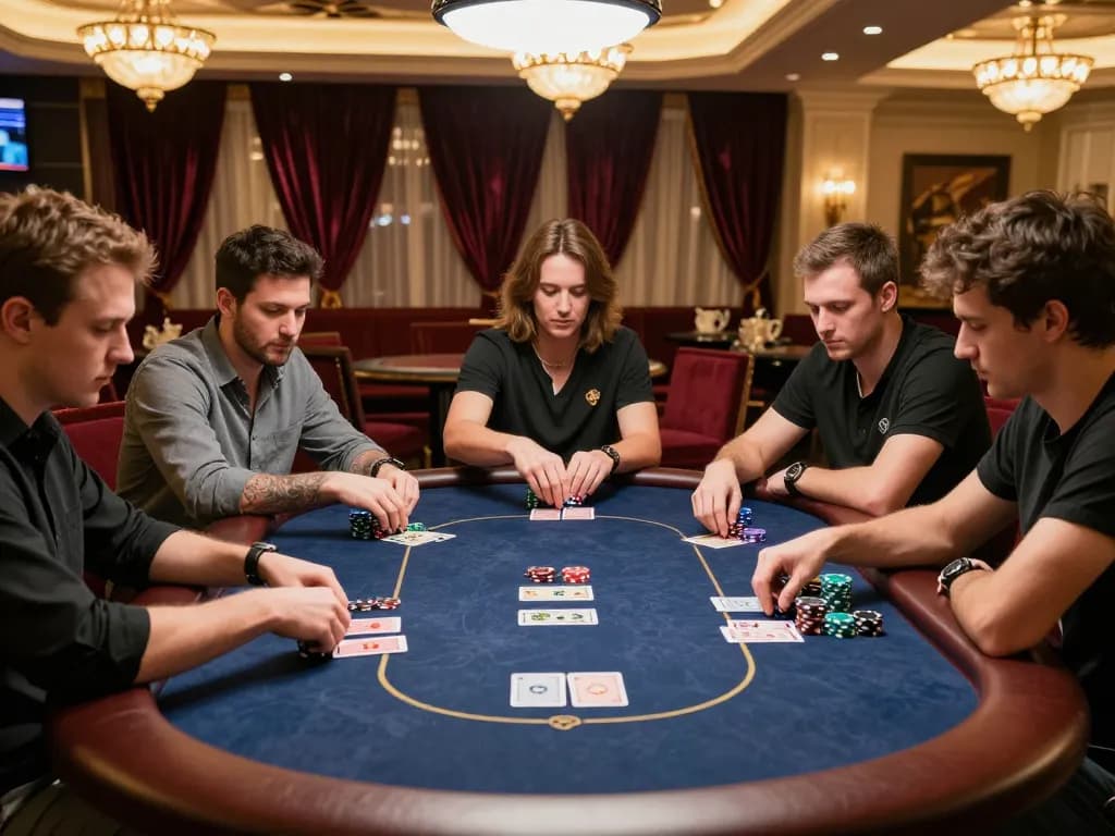 Players strategizing in an intense Texas Hold'em game at a luxurious poker table, featuring ok8386