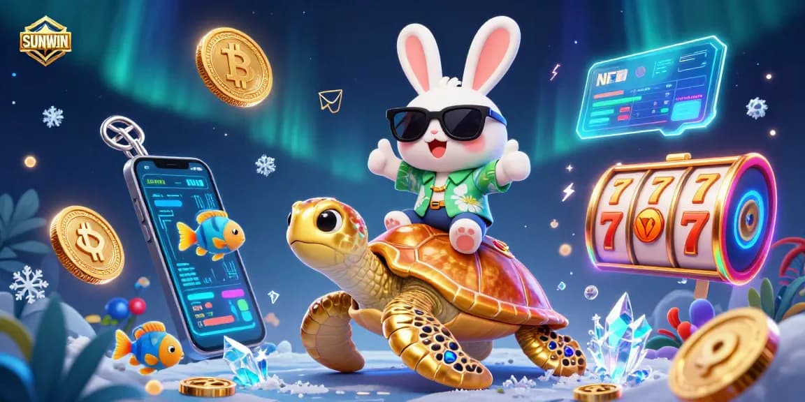 Experience exciting gambling with SUNWIN featuring a lucky rabbit and a golden turtle in a vibrant casino world.
