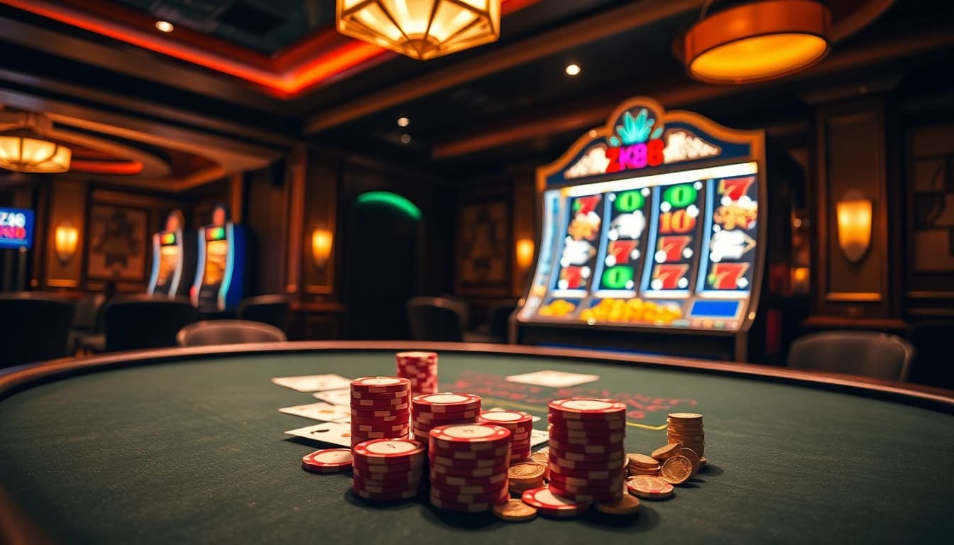 ZK88 gaming table with poker chips and a winning slot machine jackpot in a luxurious casino.