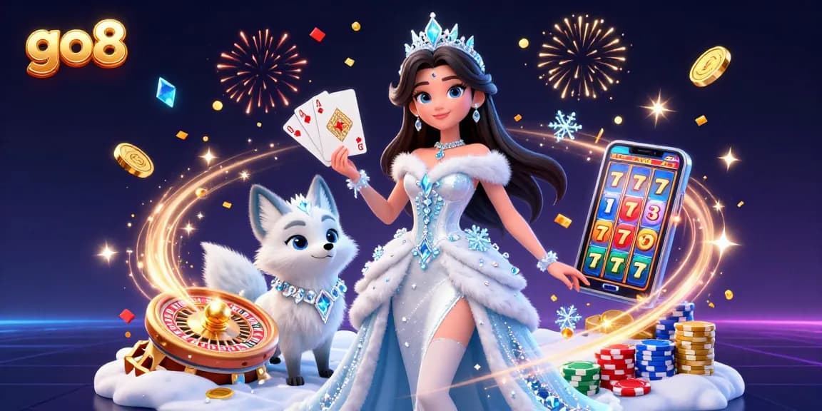 Engage with exciting games at go8, featuring a glamorous scene of a woman and a fox amidst casino elements.