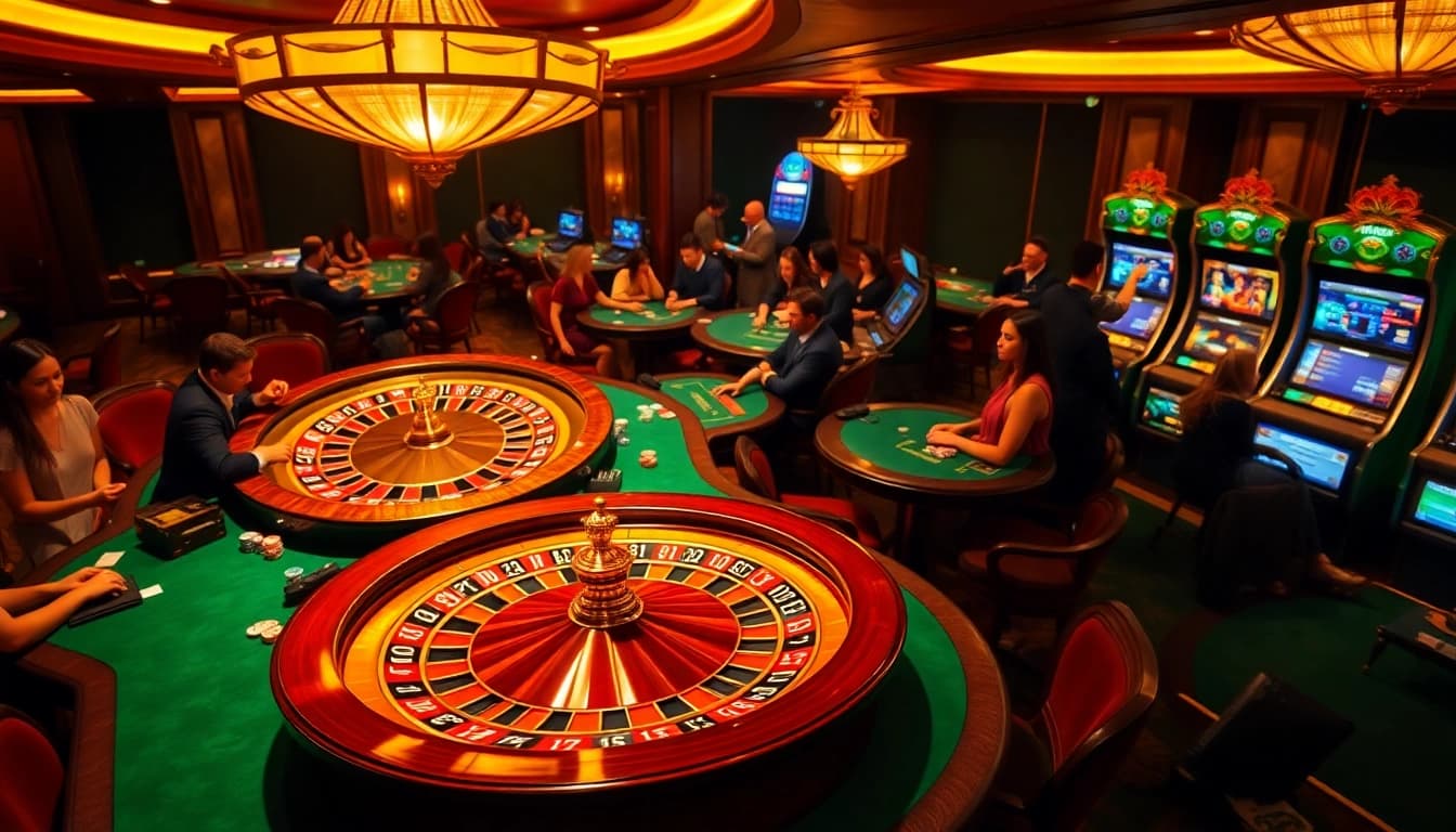 Bet88 players engaging at a high-stakes casino table with vibrant chips and a roulette wheel.