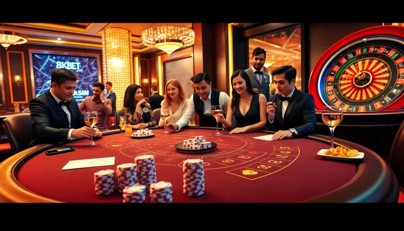 Excited gamers at a luxurious 8KBET casino with roulette, blackjack, and poker elements.