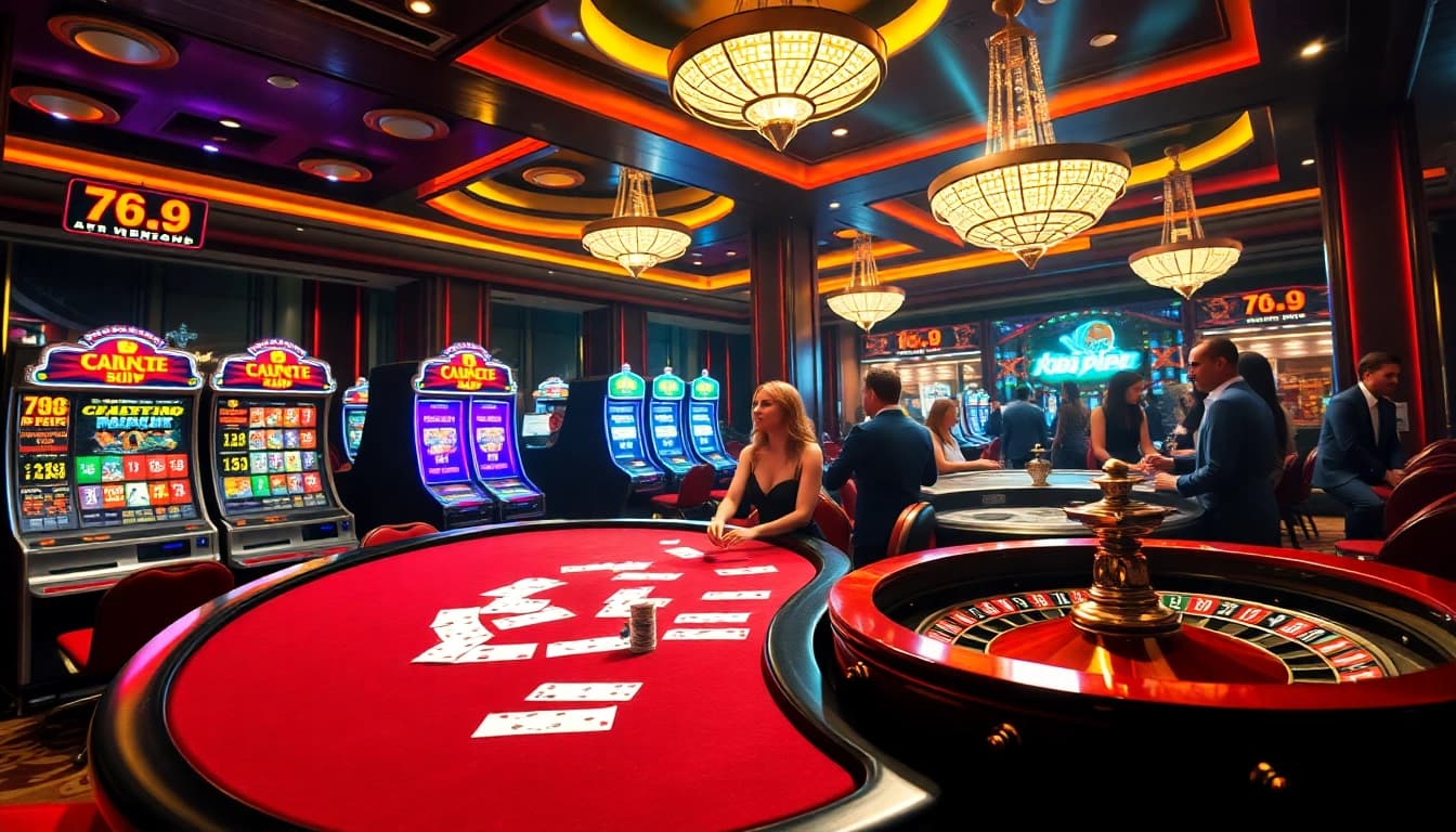 A vibrant casino scene with players enjoying games at 789club, showcasing poker tables and slot machines.