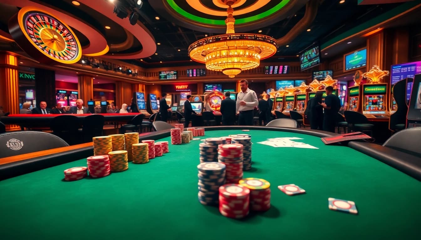 Exciting casino scene featuring poker, roulette, and slots at https://888vi.com.co/ with vibrant players and colorful chips.