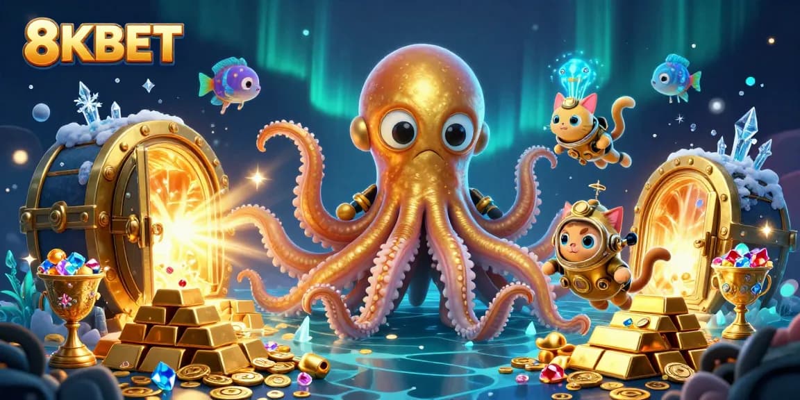 Engage with the thrilling adventures of 8KBET's colossal kraken and divers exploring treasure-filled depths.