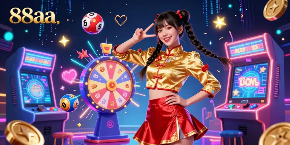 Play exciting casino games at 88aa, featuring a joyful Asian woman among colorful prizes and 3D gaming elements.