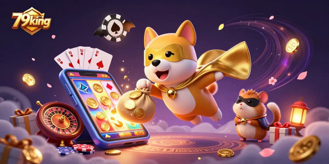 Experience the excitement of 79king with our superhero dog collecting gold coins in a vibrant casino scene.
