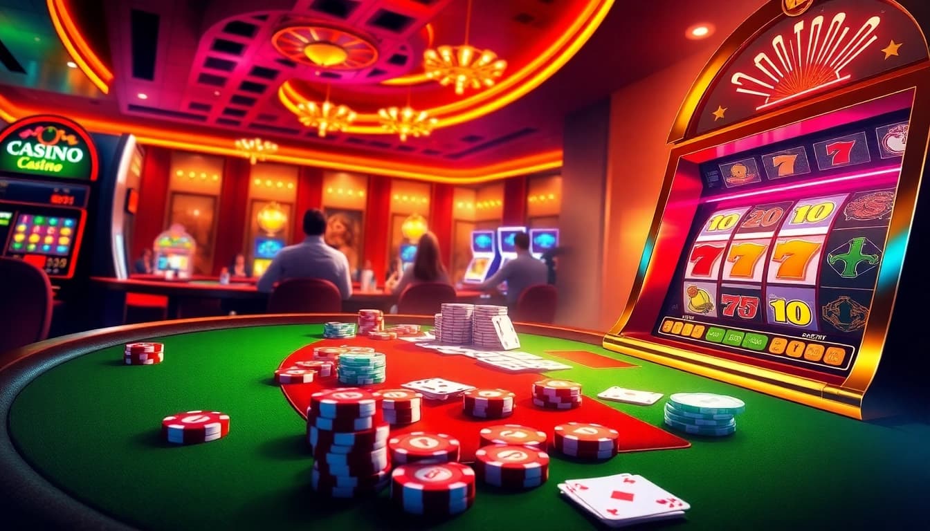 A vibrant casino scene showcasing players at a poker table and a slot machine, promoting https://sunwin5.org/ for online gaming excitement.