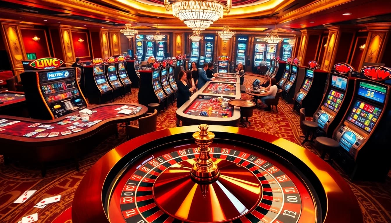 The thrilling online gambling experience at http://678vip.xyz/ showcasing vibrant casino tables and a roulette wheel.