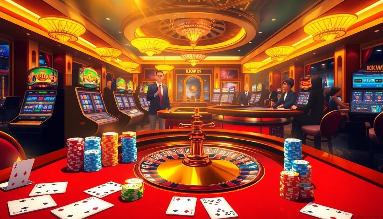 Experience the excitement of kkwin in a luxurious casino setting featuring vibrant poker tables and slot machines.