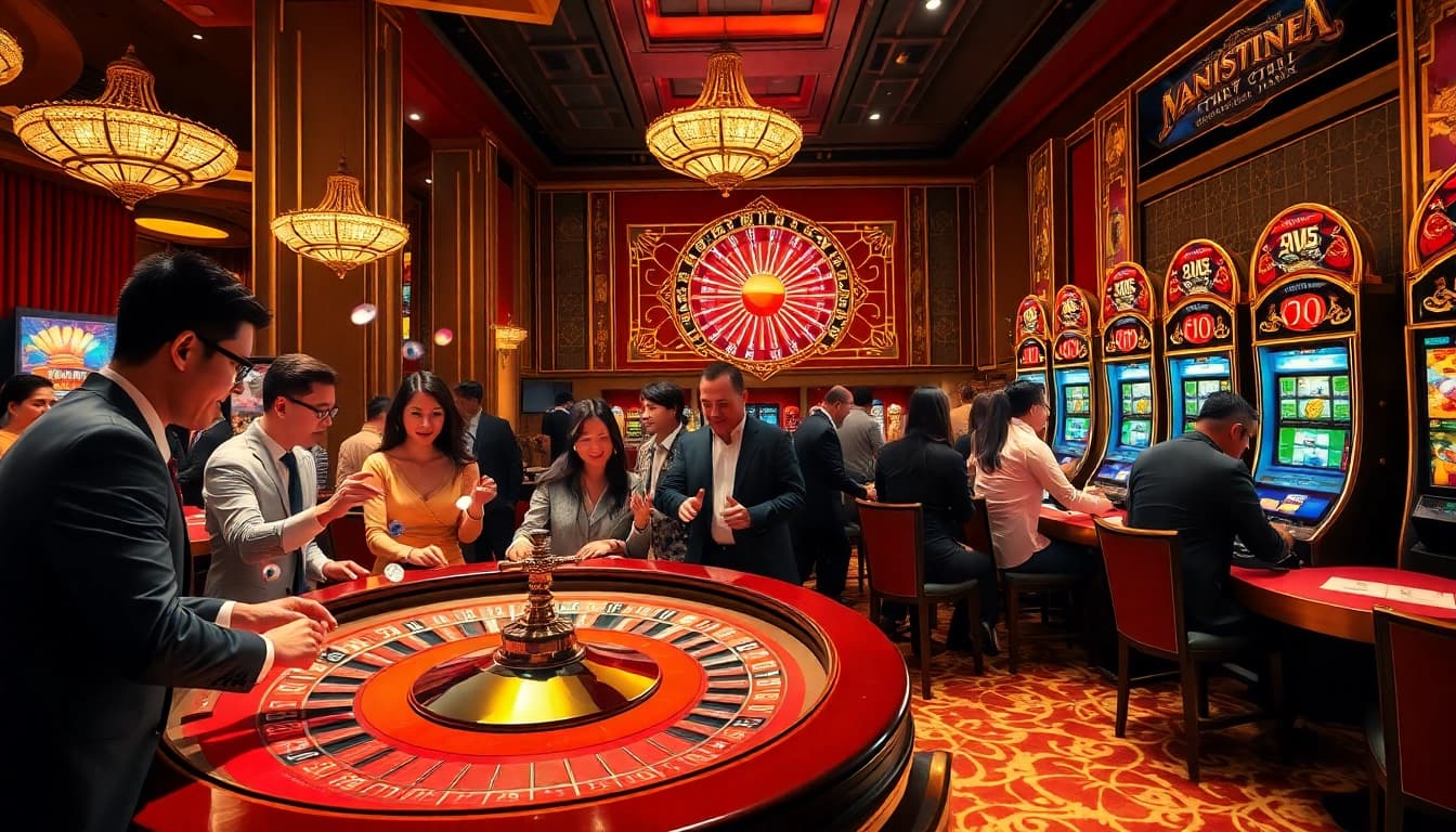 Experience thrilling chotruyen moments at a luxurious casino with roulette tables and excited players.