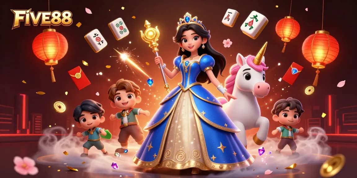Engage in the opulent world of FIVE88 with a princess, unicorn, and vibrant casino elements.