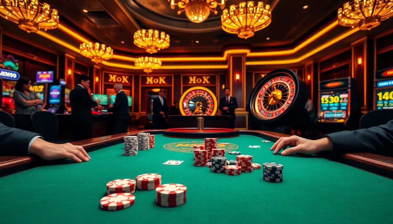 Engaging casino scene highlighting excitement of MM99 poker games with vibrant chips and cards.