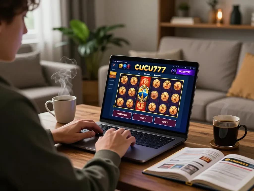 Engaging online casino gameplay experience with CUCU777 on a laptop screen in a cozy home setup.