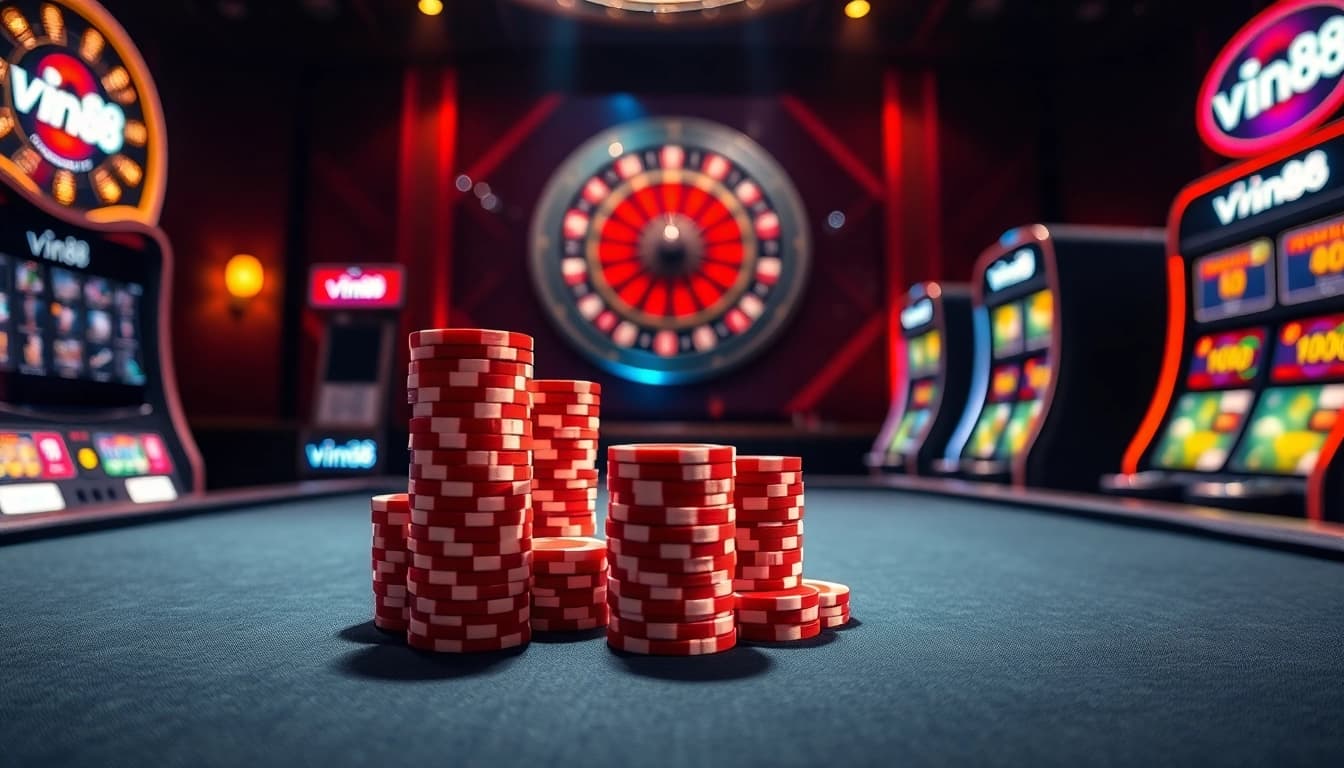 Experience the thrill of vin88 casino with vibrant poker chips and a roulette wheel.