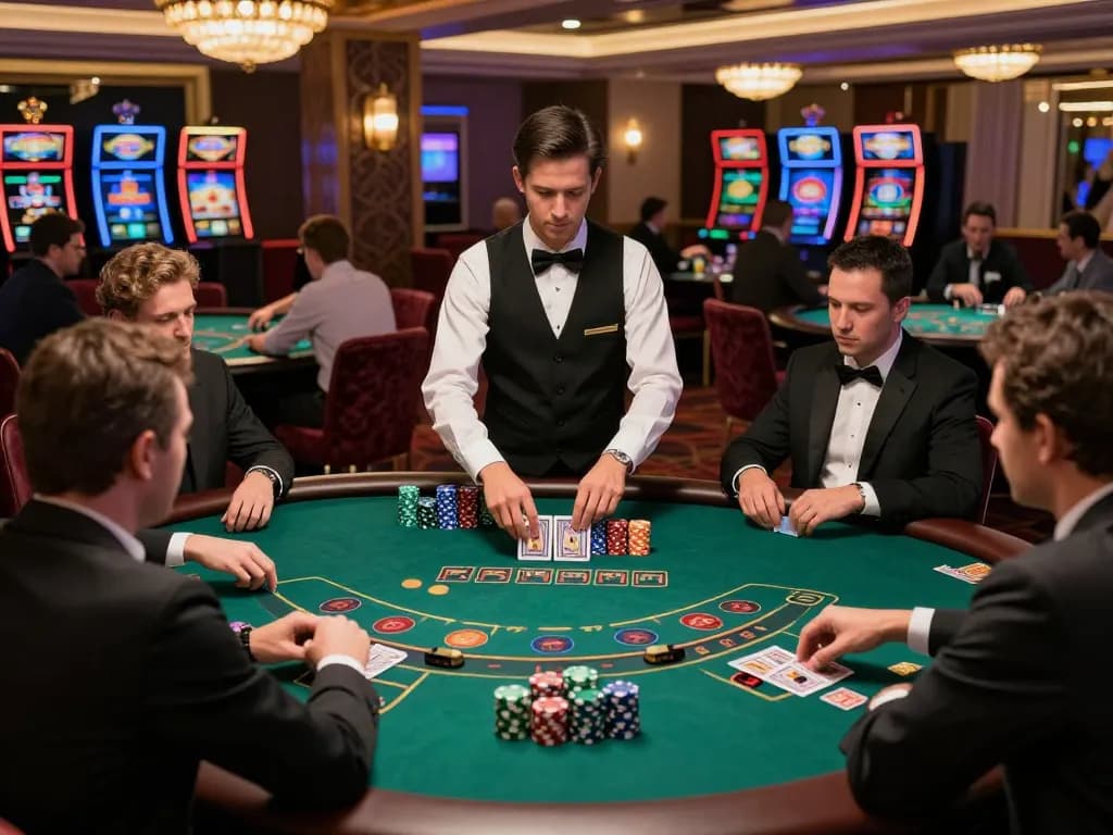 Players engaging in intense blackjack at VK88 casino, showcasing strategic gameplay and luxurious atmosphere.