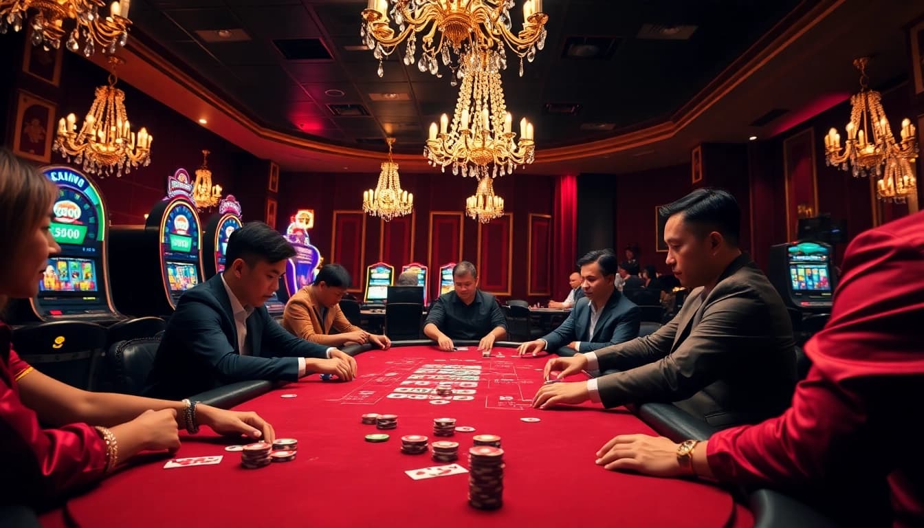 Engaging players experience thrilling online gambling at Bong88 poker table with vibrant casino elements.